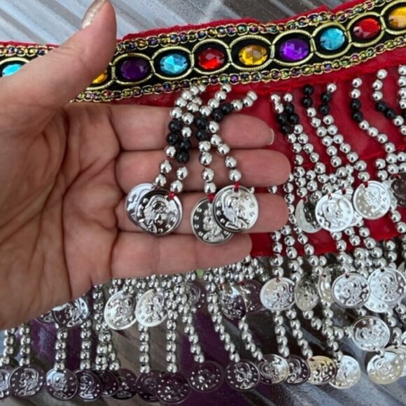 Chiffon Red Belly Dance Hip Scarf Colorful Gems Silver Coins and Bead Wrap Skirt - Picture 4 of 10